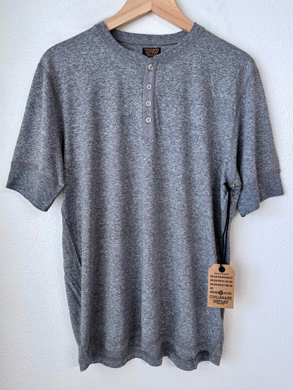 NWT Civilianaire Knitwear Gray Short Sleeve Henley Shirt Men’s Medium USA Made